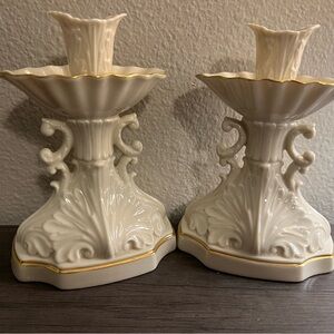 Ornate Ivory Candle Holders with Gold Trim